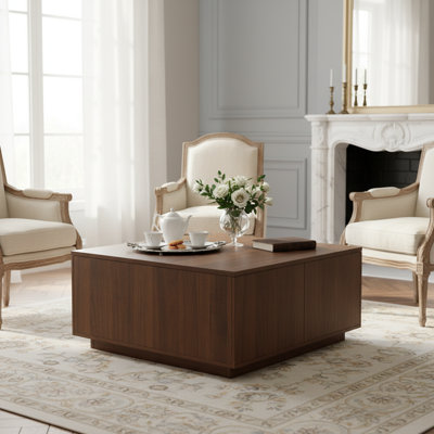 4-Drawer Square Storage Coffee Table With Ample Storage, Sturdy Wooden Construction Mid Century Style Coffee Table For Living Room Centerpiece，Walnut