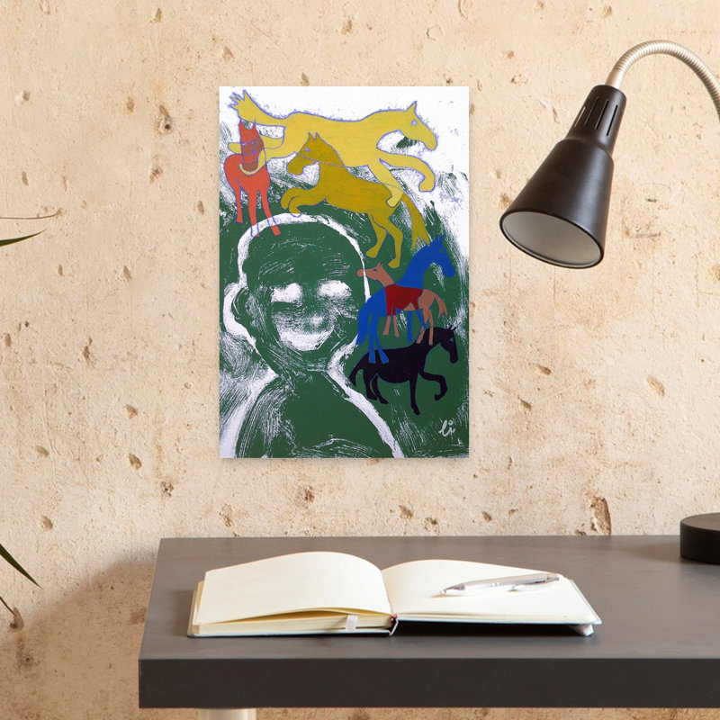 Visage souriant et cheval abstrait, art coloré cheval ludique, 18" H x 12" W