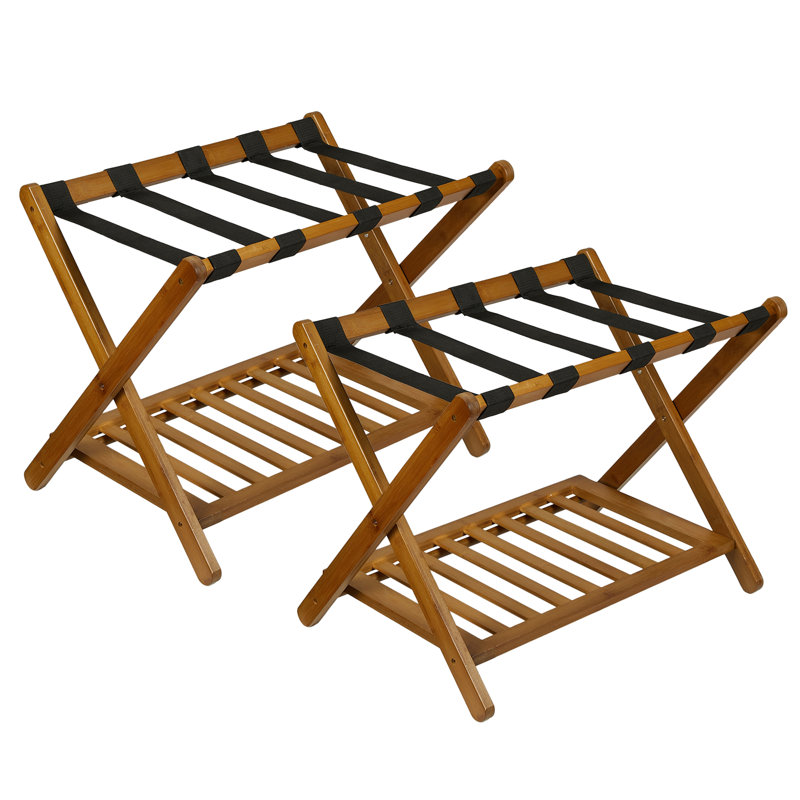 2-Piece Bamboo Folding Luggage Rack Set with 2-Tier Storage Shelf and Space-Saving Suitcase Stand
