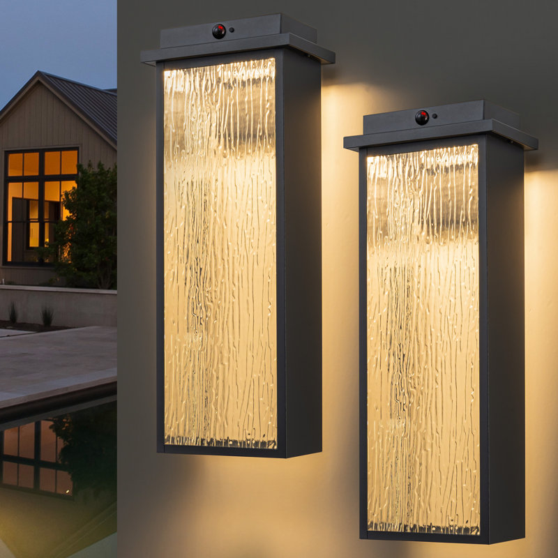 Black Motion Sensor Led Outdoor Wall Light With Ripple Glass( 2-pack)