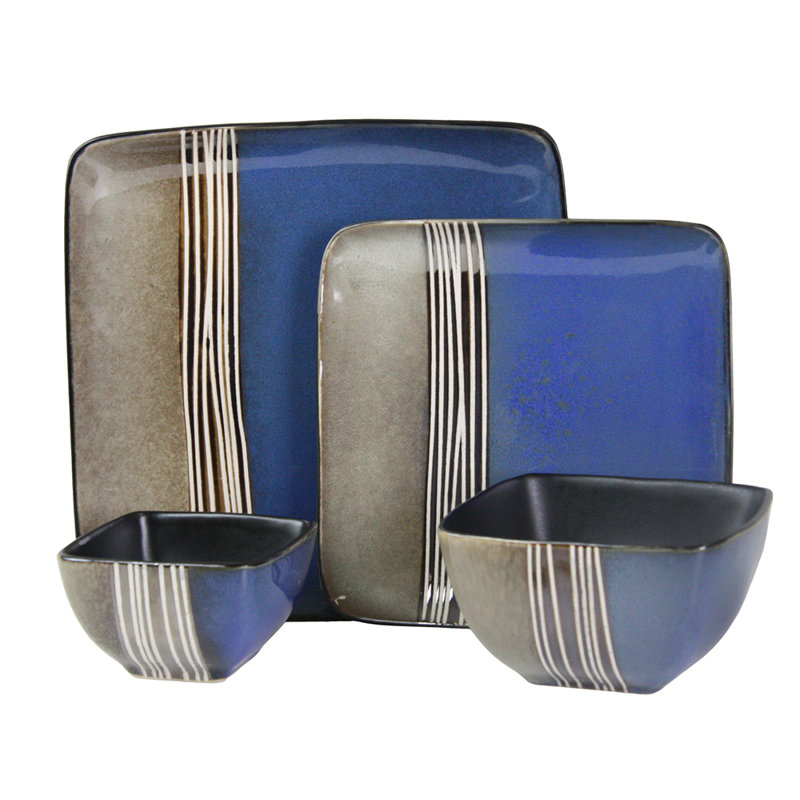 Blue and Tan Ceramic 16-Piece Dinnerware Set for 4