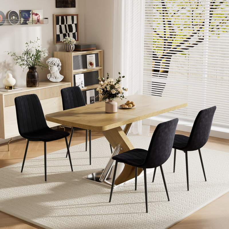 Ensemble de table de salle à manger rectangulaire extensible, Noir, noir, noir, noir, 5, Naturel