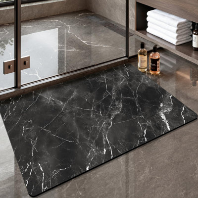 Ultra Thin Bath Mat, Non Slip Quick Dry Rugs, Absorbent Marble Bathmat, 16"x24",Washable Rubber Mats for Shower Floor, in Front of Bathtub, Bathroom Decor, Black Marble-Patterned