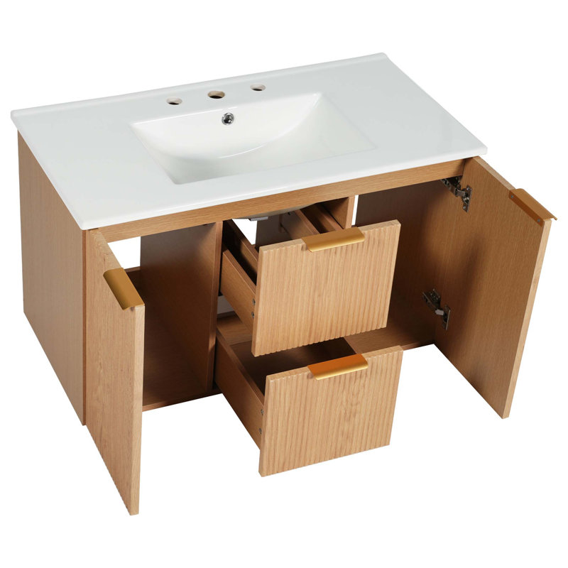 Meuble-lavabo mural moderne avec portes à fermeture en douceur et tiroirs de rangement en forme de U