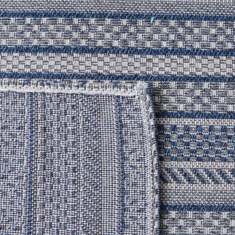 Navy and Light Grey Striped Wool Cotton 5' x 7' Rug