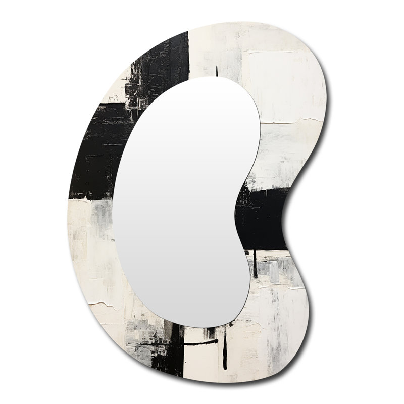 Fritzgerald The Other Side Minimal Black & White Abstract I - Abstract Painting Irregular Shape Decorative Mirror, Black Asymmetrical Wall Mirror, Printed Metal Art