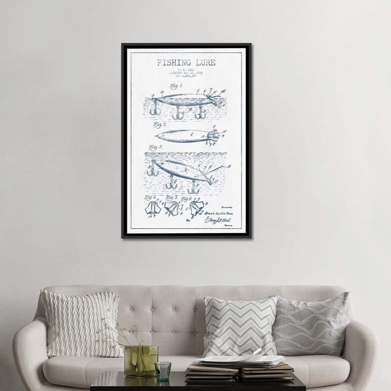 " F.A. Cass Fishing Lure Patent Sketch (Ink) " by Aged Pixel, No Mat, Black Framed Canvas, 26" H x 18" W x 1.5" D