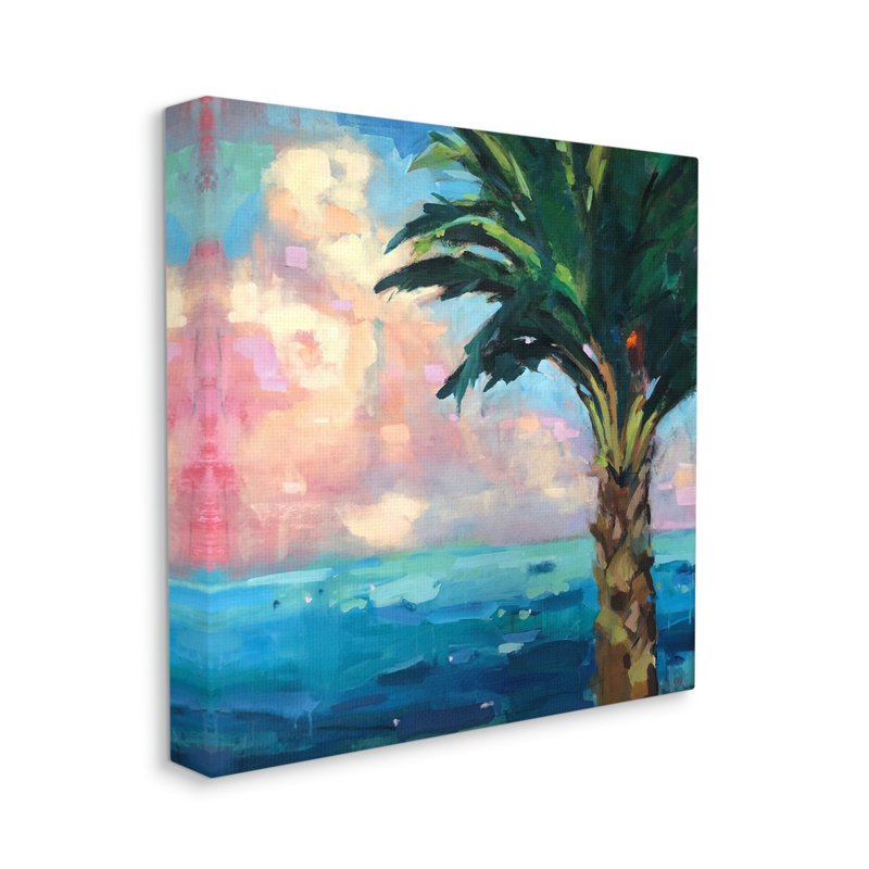 «Bold Beach Horizon Palm Tree Pink Sunlit Clouds» par Page Pearson Railsback - peinture sur toile tendue