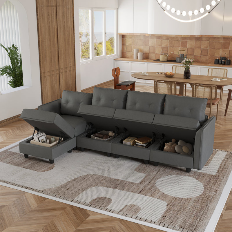 Zendajas 112" Curved Arm Convertibility 4 Seater Sofa Chaise Storage ottoman, Gray Faux Leather