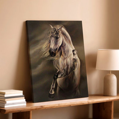 White Horse Painting Rearing Equine Rustic Canvas Wall Art Print, White Rustic Decorative Artwork for Home Decor, Bedroom, Living Room, Office, Gallery Wall Accent, Modern Home Styling