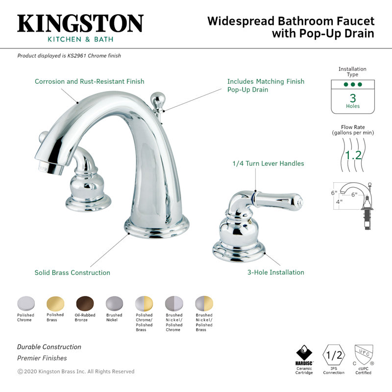 Robinet de salle de bain espacé Kingston, Nickel brossé / laiton poli