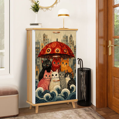 Shoe Storage Cabinet with 3 Flip Drawers for Cats Under Red Umbrella Abstract Cityscape Rainy Day Shoe Rack Storage Organizer