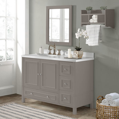 Alaterre Furniture Williamsburg 3pc Wooden Bathroom Vanity Set with 48"L Bathroom Vanity With Storage, 30"L Rectangular Mirror, and A 25" Wide Wall Shelf With 2 Towel Rods, Gray