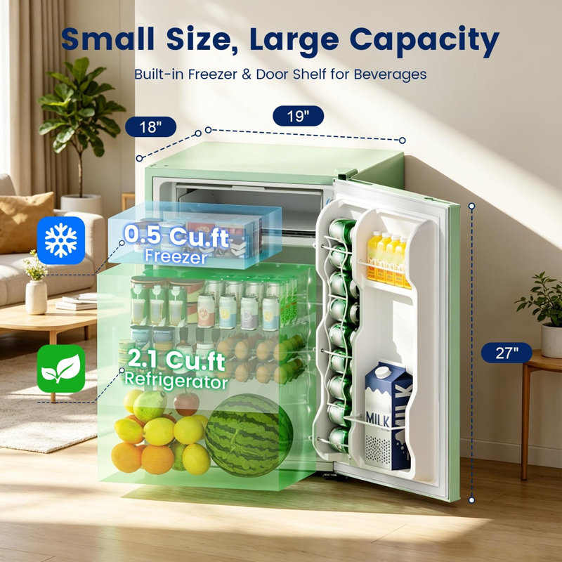 BANGSON 2.6 Cu Ft Small Fridge with Freezer for Office Green | Mini Refrigerator for Dorm Bedroom, Compact Fridge, Energy-efficient, Low Noise