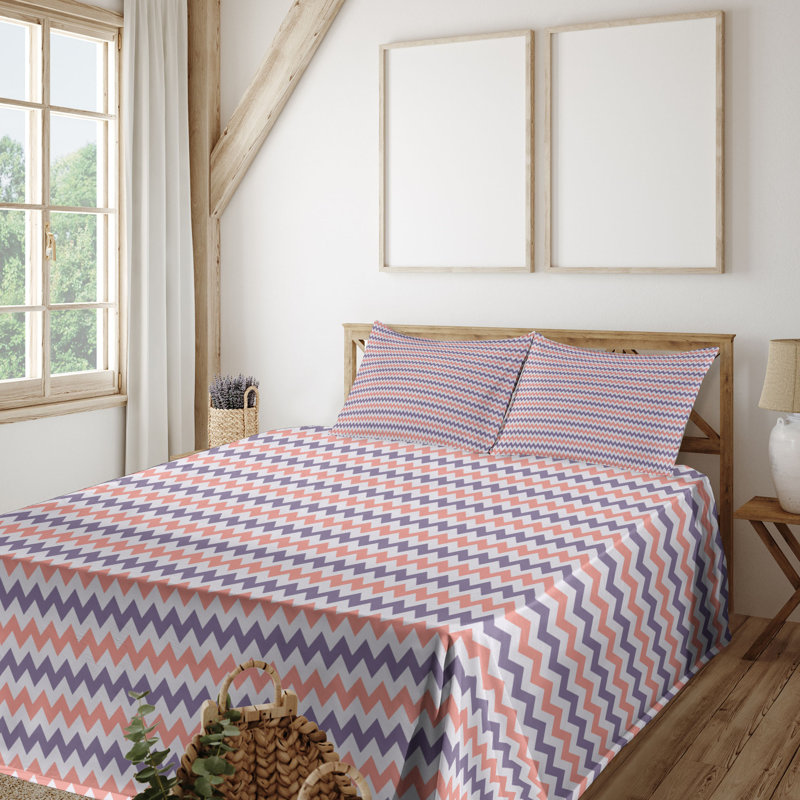 Ambesonne Geometric Sheet Set Zigzag Boho Chevron Art Pastel Purple Coral, King Sheet Set with 2 Pillowcases