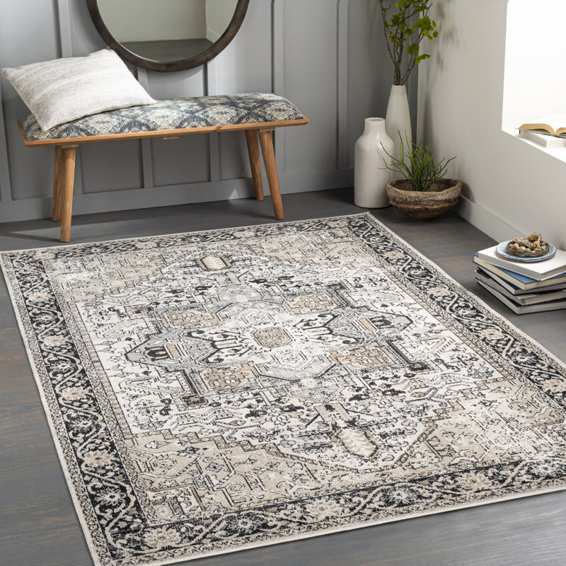 Haughton Machine Washable Oriental Black/Taupe Area Rug, Rectangle 5'3" x 7'