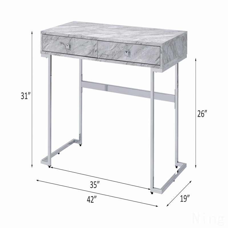 Bureau d'écriture blanc avec plateau en faux marbre et finition chromée