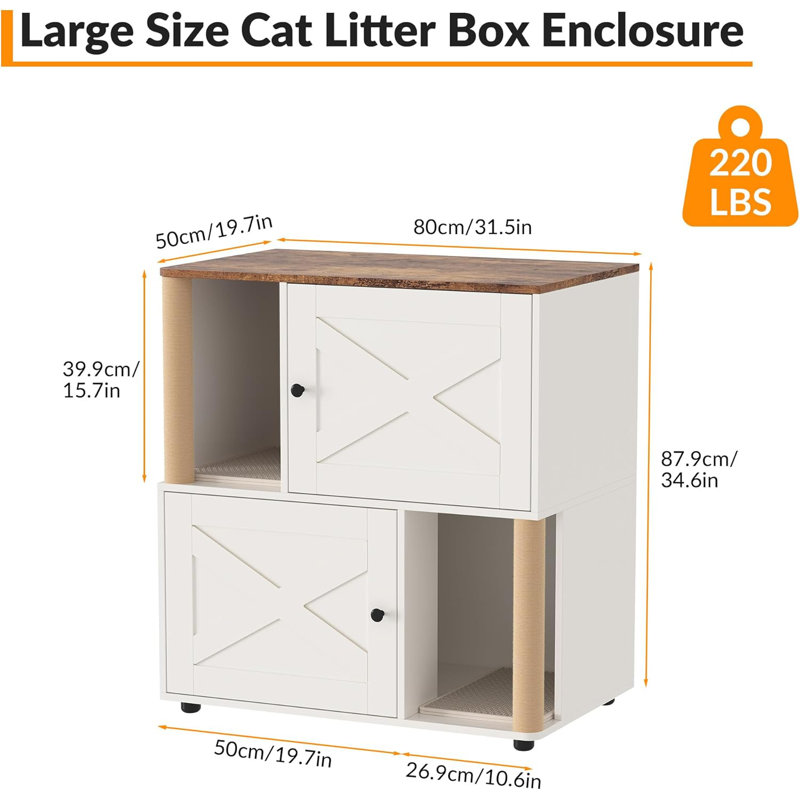 Enceinte de litière double pour 2 chats, meubles cachés pour chat avec poteaux à griffes et tapis de litière double couche