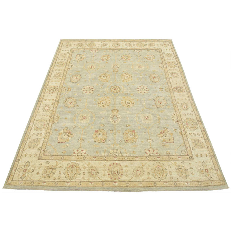 Tapis bleu / ivoire en laine noué à la main de conception unique 8 pi 1 po x 9 pi 9 po