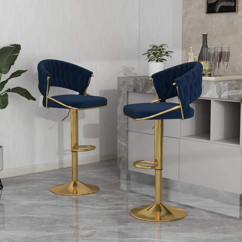 Christal Height Adjustable Swivel Bar Stool, Navy Blue, Gold