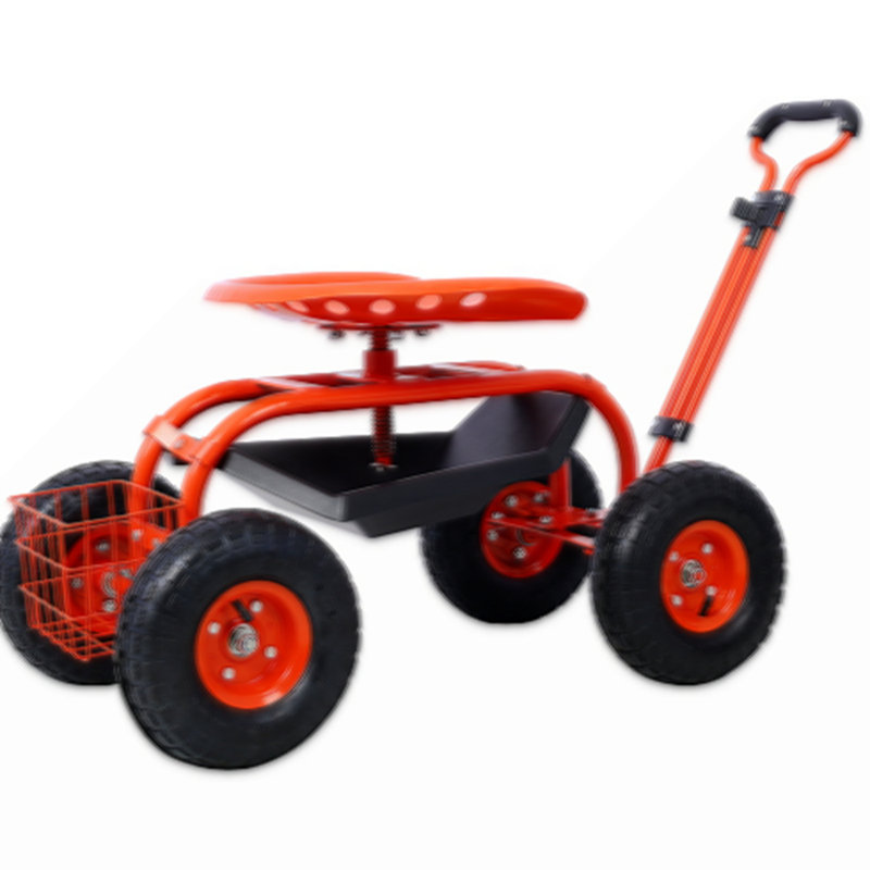 Red Steel Rolling Garden Scooter with Swivel Seat and Tool Tray