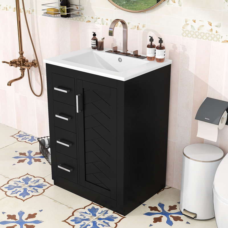 Meuble-lavabo moderne avec lavabo en céramique, 3 tiroirs à fermeture en douceur et armoire de rangement, Black