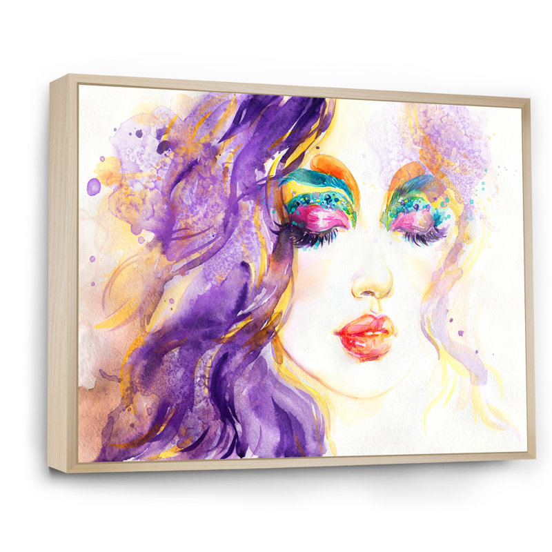 «Elegant Purple Fashion Woman», art mural sur toile glamour, H 34 po x l 44 po x P 1,5 po, Cadre flottant brun
