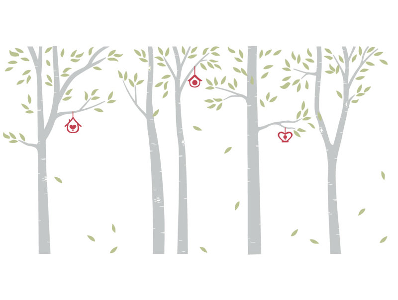 Décalcomanie murale arbres et maisons à oiseau bouleau, Gris / céladon / jaune