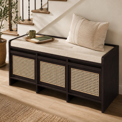 MDF Retro Rattan Shoe Storage Bench With Tufted Upholstered Seat Drawers For Entryway Hallway Foyer