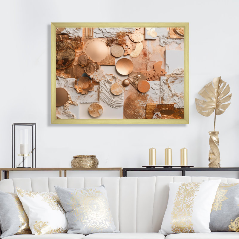 Sérénité géométrique dorée et blanche sur toile, Encadrement doré, H 24 po x l 32 po x P 1 po