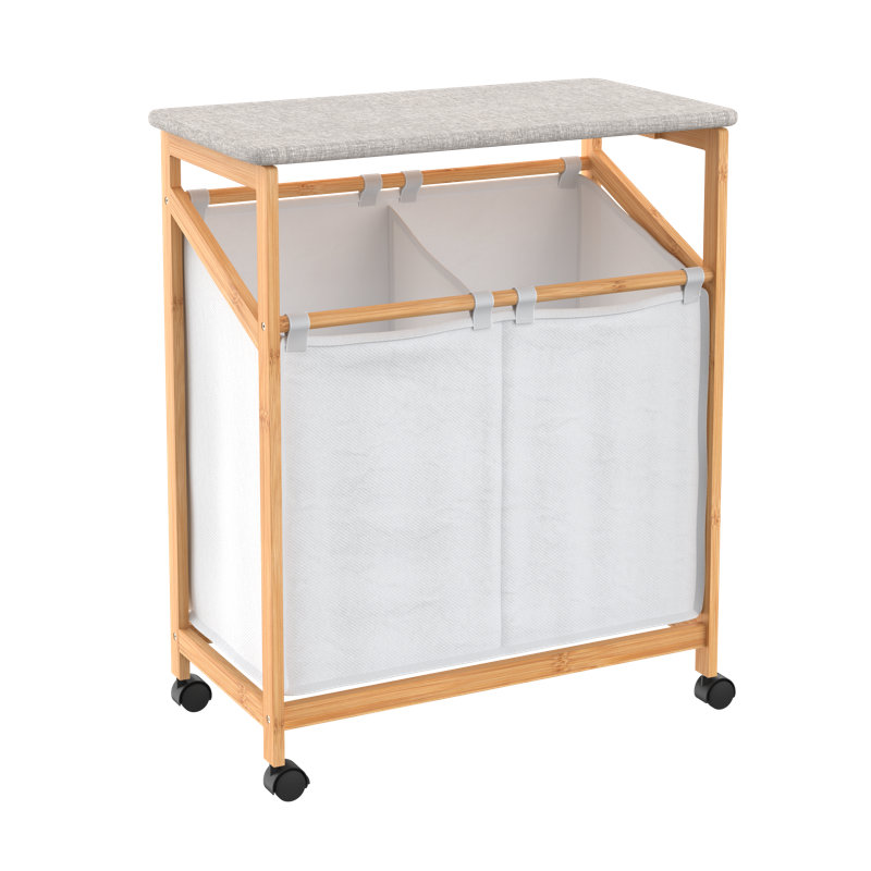 Natural Bamboo Dual Compartment Laundry Hamper with Ironing Board