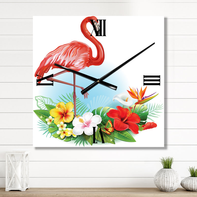 Arrangement mural avec fleurs tropicales et horloge murale flamant rose, Moyen