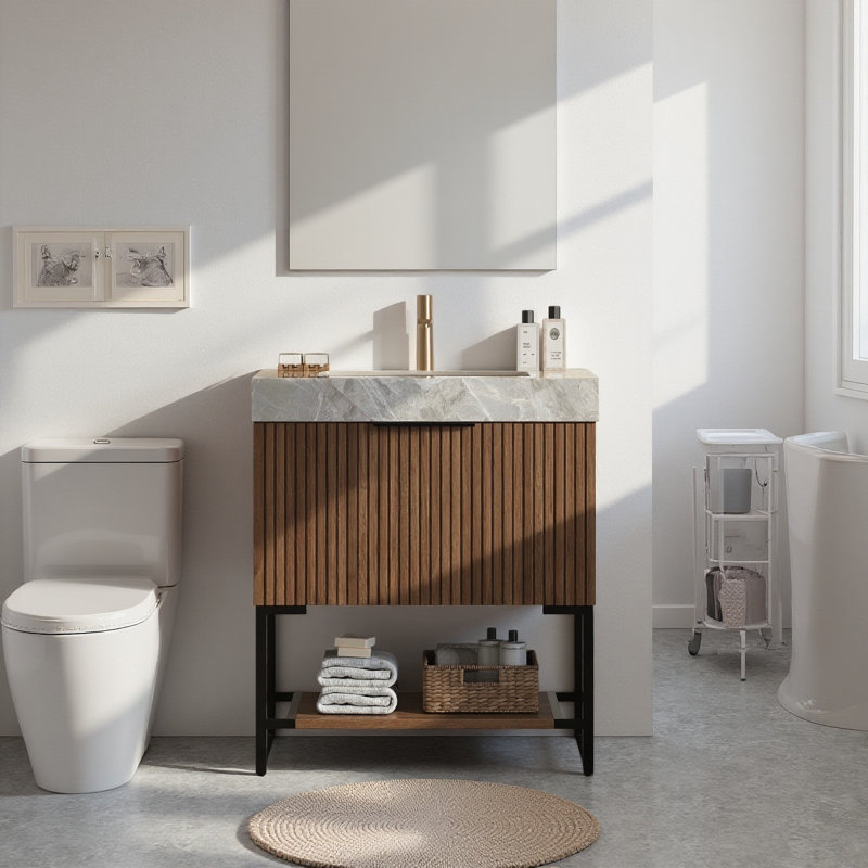 36" Modern Single Bathroom Vanities With Sink, Grey Sintered Stone Table Top, Brown Wood Bathroom Cabinets, 30"