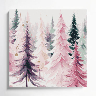Christmas Pink Christmas Trees Gray Canvas Wall Art