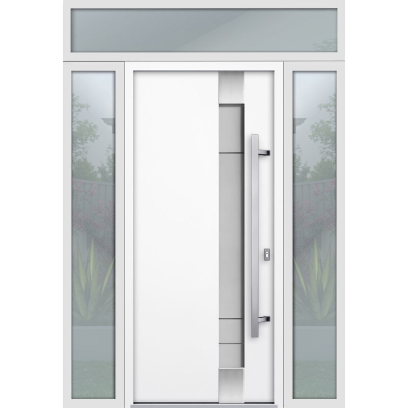 Porte d'entrée extérieure prémontée en acier Deux 1713, émail blanc, 2 fenêtres latérales et supérieures noires, inserts en acier inoxydable, style moderne, peinte, dimensions : L 12 + 36 + 12 x H 80 + 16, ouverture à gauche vers l'intérieur