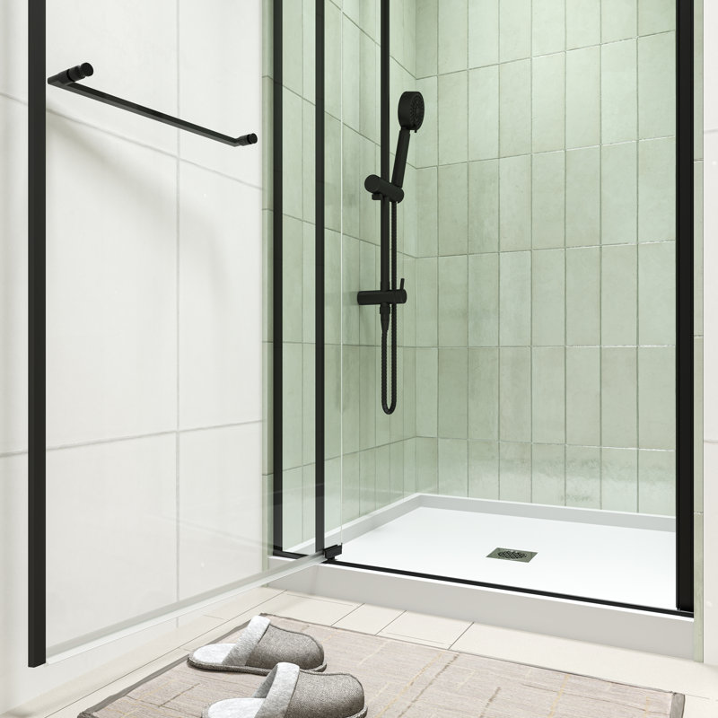 Porte de douche à pivot 28 x 32 po x H 72 po ouverte à l'extérieur, Matte Black
