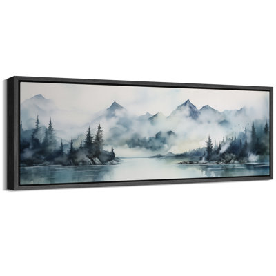 «Woodland Forest Landscape Mountain Lake Calm Misty Landscape Vintage Inspired Stripes Antique Retro Extra Large Wall Decor», reproduction encadrée