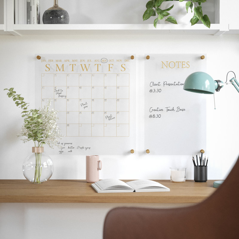 Clear Gold Acrylic Wall Calendar and Notes Board Set