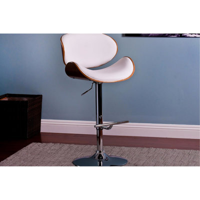 Contemporary White Swivel Lift Bar Stool, Walnut - Finished Frame, Modern Design, Adjustable Pedestal Base 36 44 Inches, Padded Seat And Backrests, 21 Inches Wide Deep Stool With Curved Back, For ,