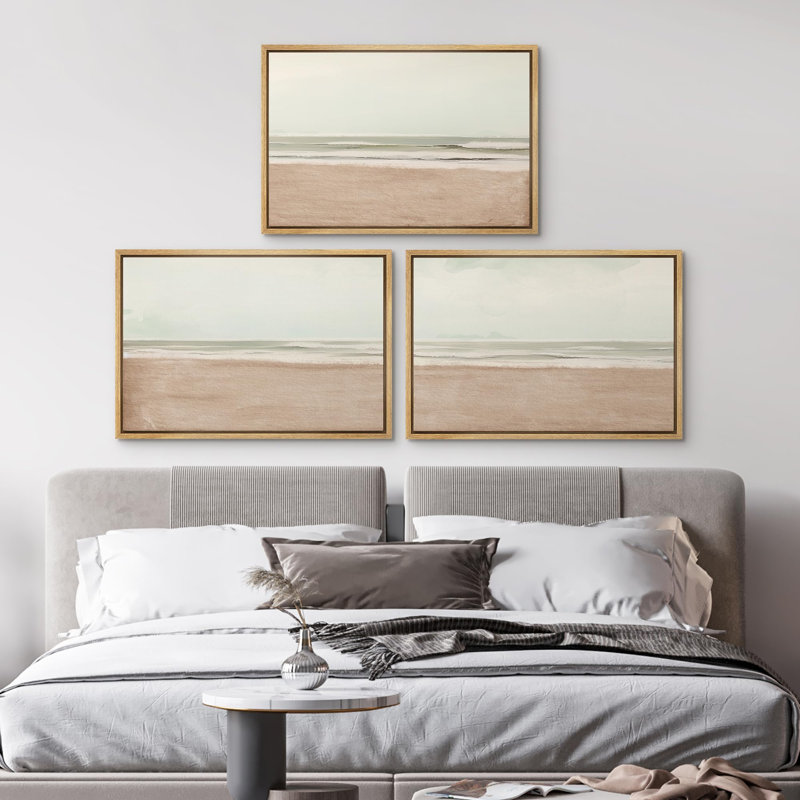 «Serenity Coastal Beach Tranquil Ocean Minimalist Illustration», 3 pièces, Encadré naturel, H 24 po x l 36 po
