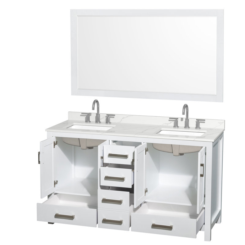 Sheffield 60" Freestanding Double Bathroom Vanity with Quartz Top with 58" Mirror, Chrome, White, Giotto Quartz