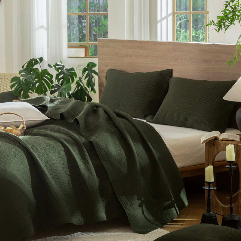 MooMee Lightweight Quilt Set 100% Washed Cotton Linen-Like Stripe Stitch Breathable All-season , King Quilt + 2 King Shams