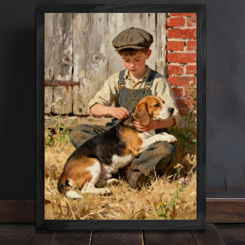 Art encadré noir, mignon petit garçon jouant avec des chiens beagle chaleureusement, reproductions d'art encadrées de style rétro