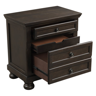 Table de chevet de chambre à coucher dans un ton brun grisâtre - 2 tiroirs et placage de bouleau, article essentiel en bois avec abat-jour, quincaillerie de bouton antique