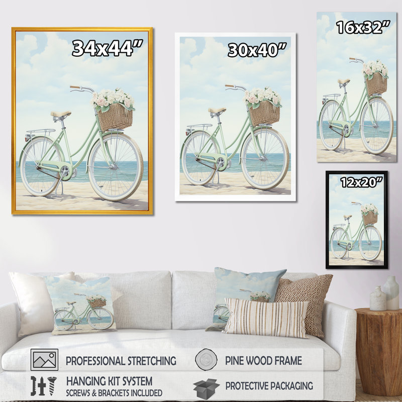 Vélo rétro bleu avec panier sur la plage sur toile, H 40 po x l 30 po x P 1,5 po, Cadre flottant noir