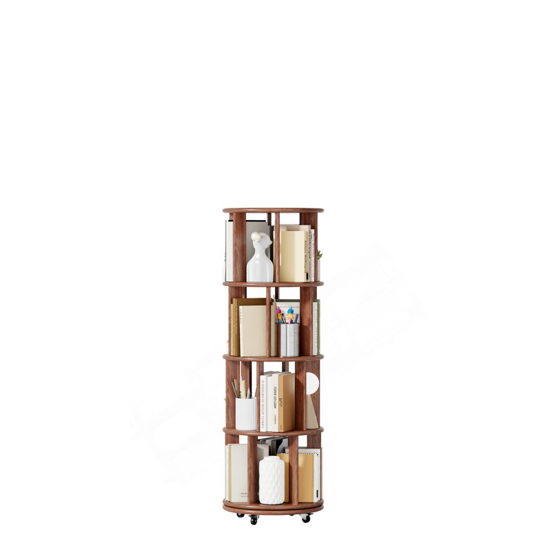 100%Solid Wood Rotating Bookshelf On Wheels, 4 Tier, Round Revolving Bookcase, 360° Spinning Book Shelf Tower For , Narrow Rolling Bookshelves For Small Space, Corner, Bedroom, Office, Walnut