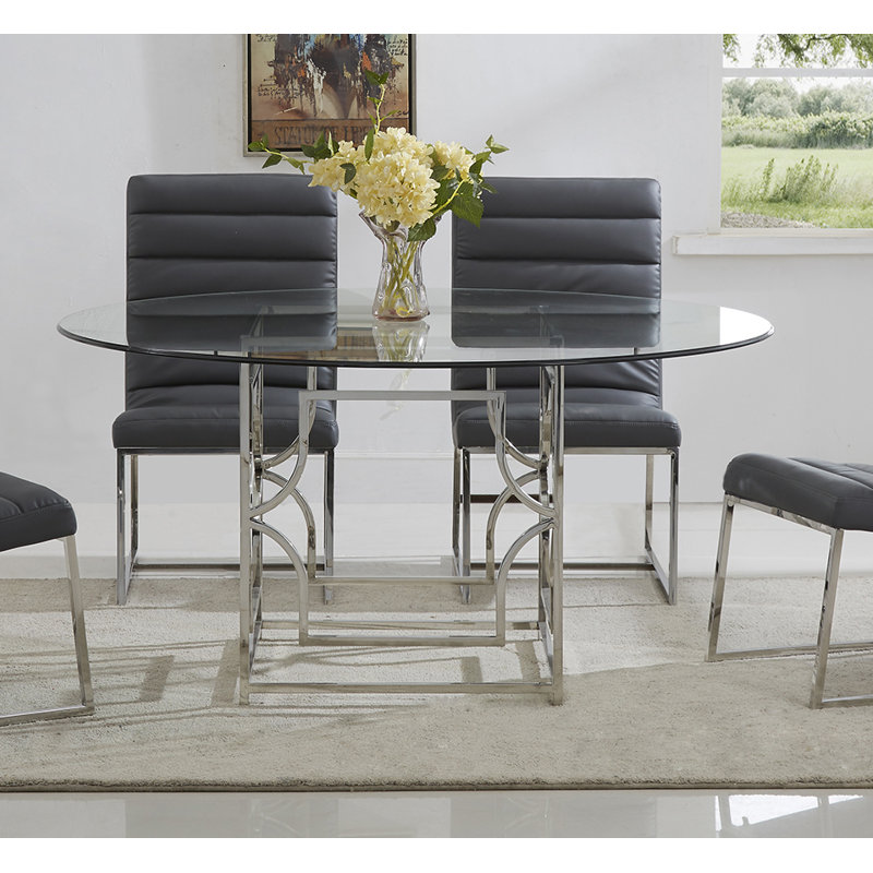 Mia Round Glass Pedestal Dining Table , Silver, 30" H x 54" L x 54" W