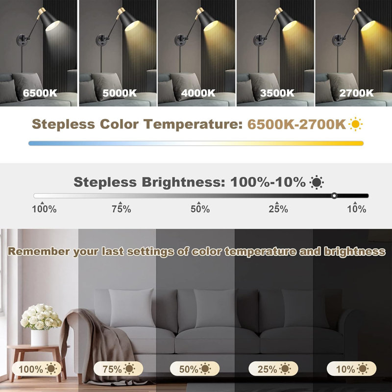 Remote Control Wall Sconces With Adjustable Color Temperature & Brightness, Swing Arm Design, Timer & Night Light, Hardwire Or Plug-In, Bulbs Included