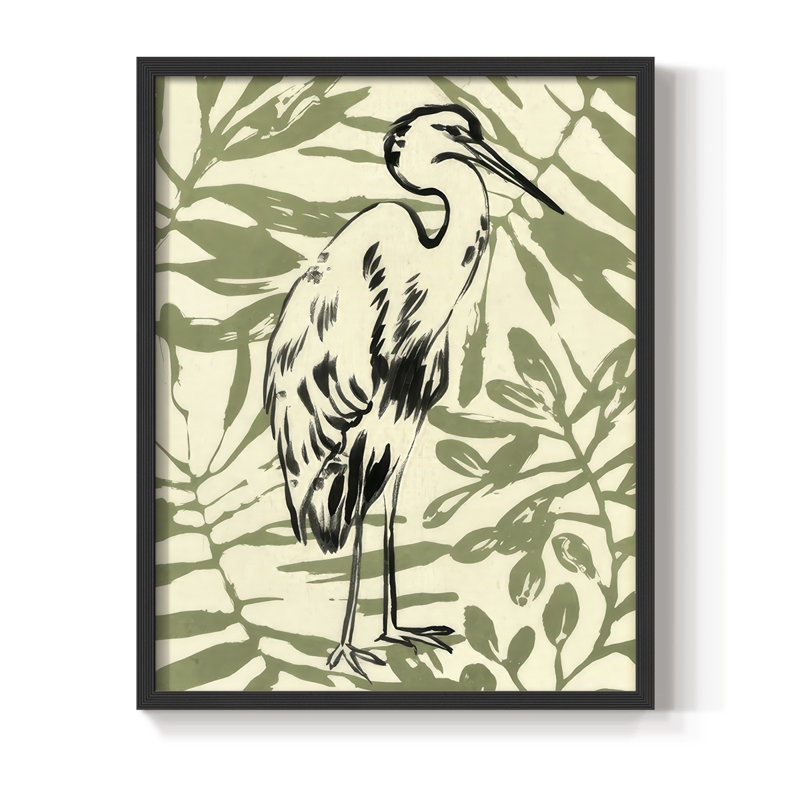 Retro Parlour Heron III Framed Print - Solid Wood, Black, H 15 po x l 12 po