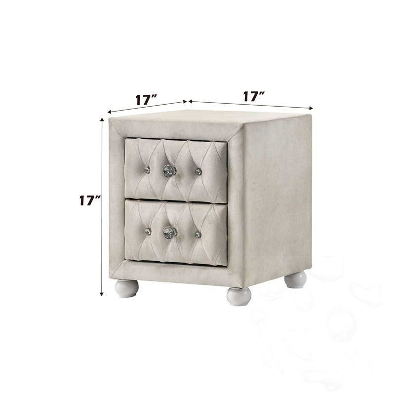 Table de chevet rembourrée à 2 tiroirs en tissu beige avec capitonnage à losanges et poignées en cristal